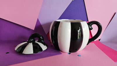 Black and White Striped Pumpkin Lidded Mug