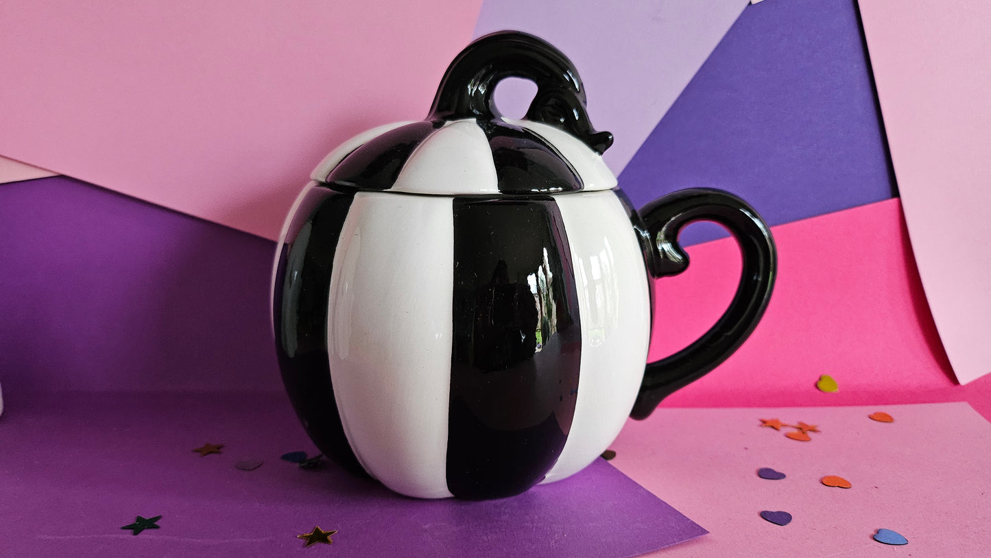 Black and White Striped Pumpkin Lidded Mug